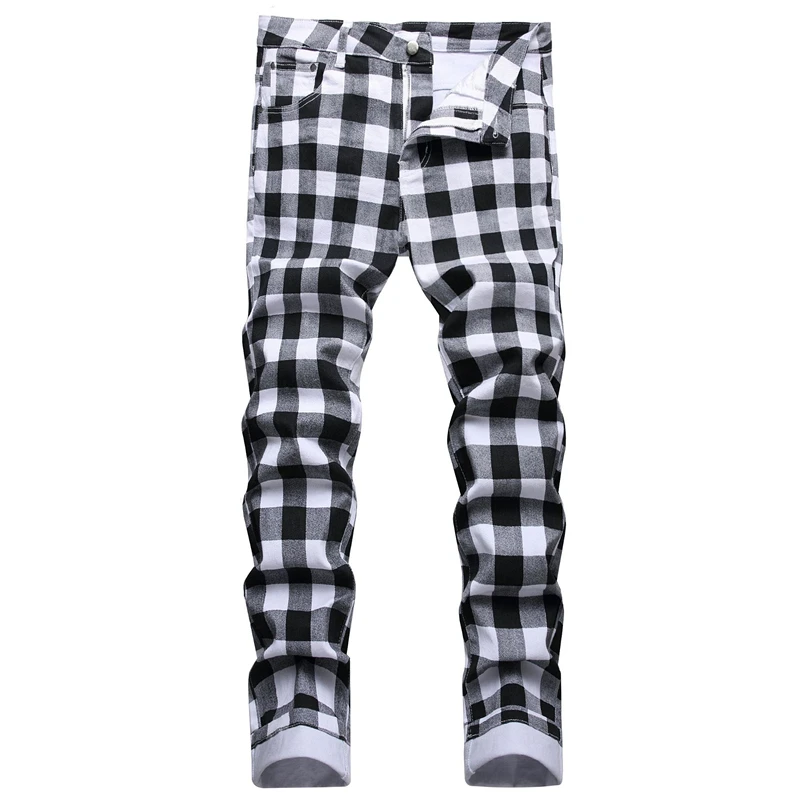 Design Original pentru Bărbați Elastic Blugi Stil Britanic Personalitate tipar Digital Alb-Negru Carouri Mijlocul Talie Agrement Pantaloni Slim 0