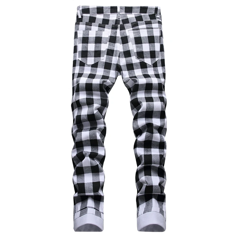 Design Original pentru Bărbați Elastic Blugi Stil Britanic Personalitate tipar Digital Alb-Negru Carouri Mijlocul Talie Agrement Pantaloni Slim 1