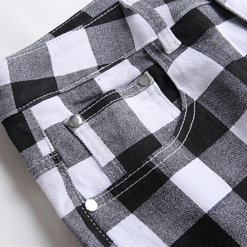 Design Original pentru Bărbați Elastic Blugi Stil Britanic Personalitate tipar Digital Alb-Negru Carouri Mijlocul Talie Agrement Pantaloni Slim 3