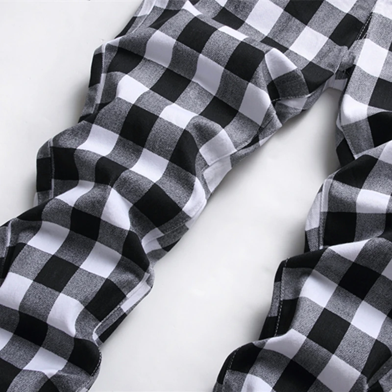 Design Original pentru Bărbați Elastic Blugi Stil Britanic Personalitate tipar Digital Alb-Negru Carouri Mijlocul Talie Agrement Pantaloni Slim 4
