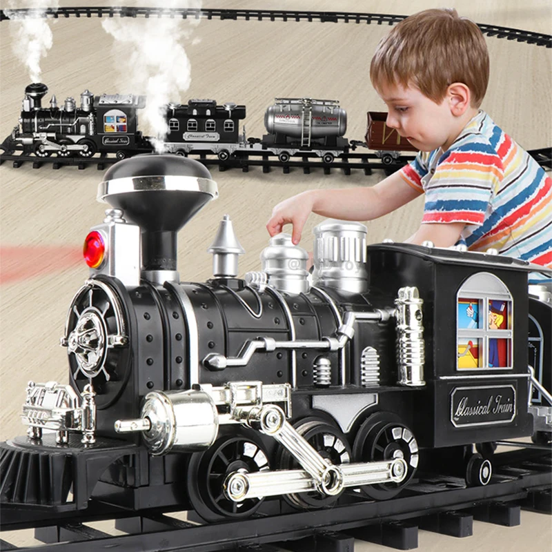 Clasic Electric Tren de Jucărie de cale Ferată Model cu Urmări Locomotiva cu Aburi Sunet Lumina Playset cu Fum Cadou de Craciun pentru Baieti 0