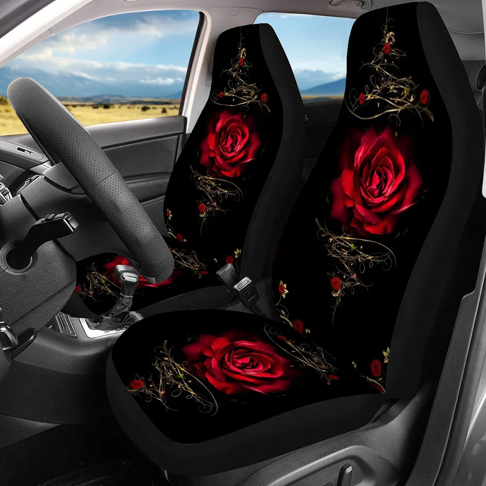 Trandafir rosu Floare de Arta de Imprimare Scaun Auto Acoperi Set Complet pentru Femei Fata-Spate, husa pentru Scaun Confortabil Non-alunecare de Protecție Auto Perna 2