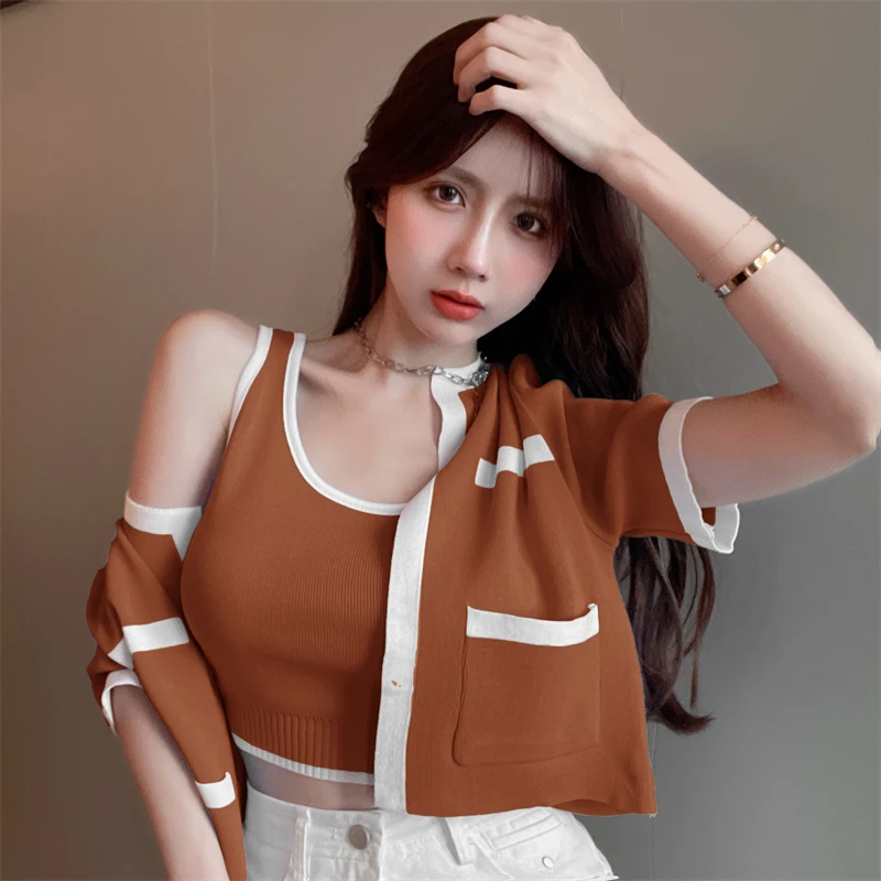 Femeile Coreene Vesta Tricotate De Sus A Culturilor De Acoperire De Până Cardigan Pulover Două Seturi De Piese De Streetwear-Sexy Femei Topuri 1