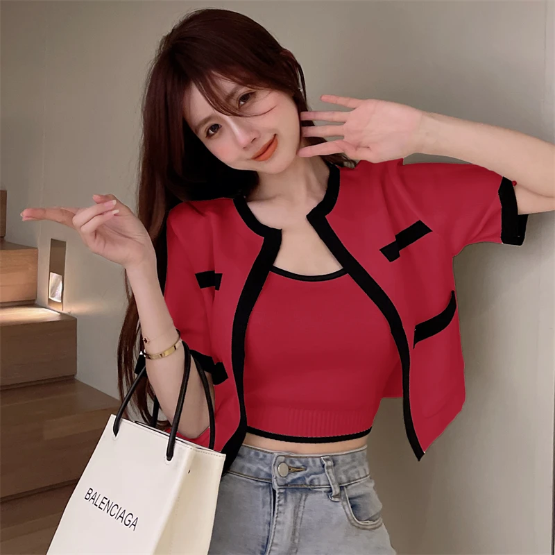 Femeile Coreene Vesta Tricotate De Sus A Culturilor De Acoperire De Până Cardigan Pulover Două Seturi De Piese De Streetwear-Sexy Femei Topuri 3