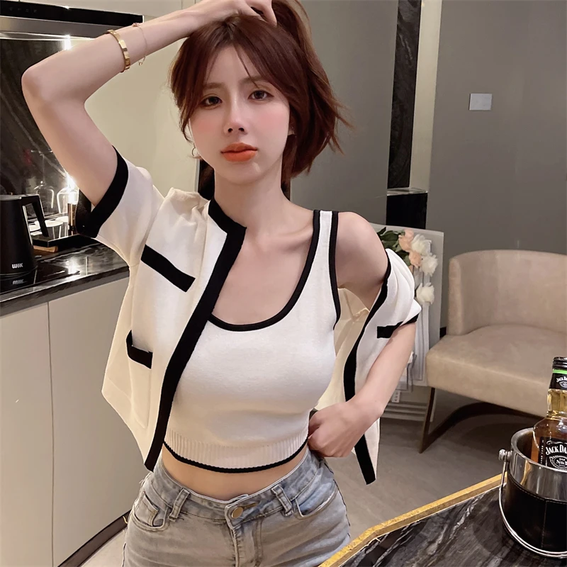 Femeile Coreene Vesta Tricotate De Sus A Culturilor De Acoperire De Până Cardigan Pulover Două Seturi De Piese De Streetwear-Sexy Femei Topuri 4