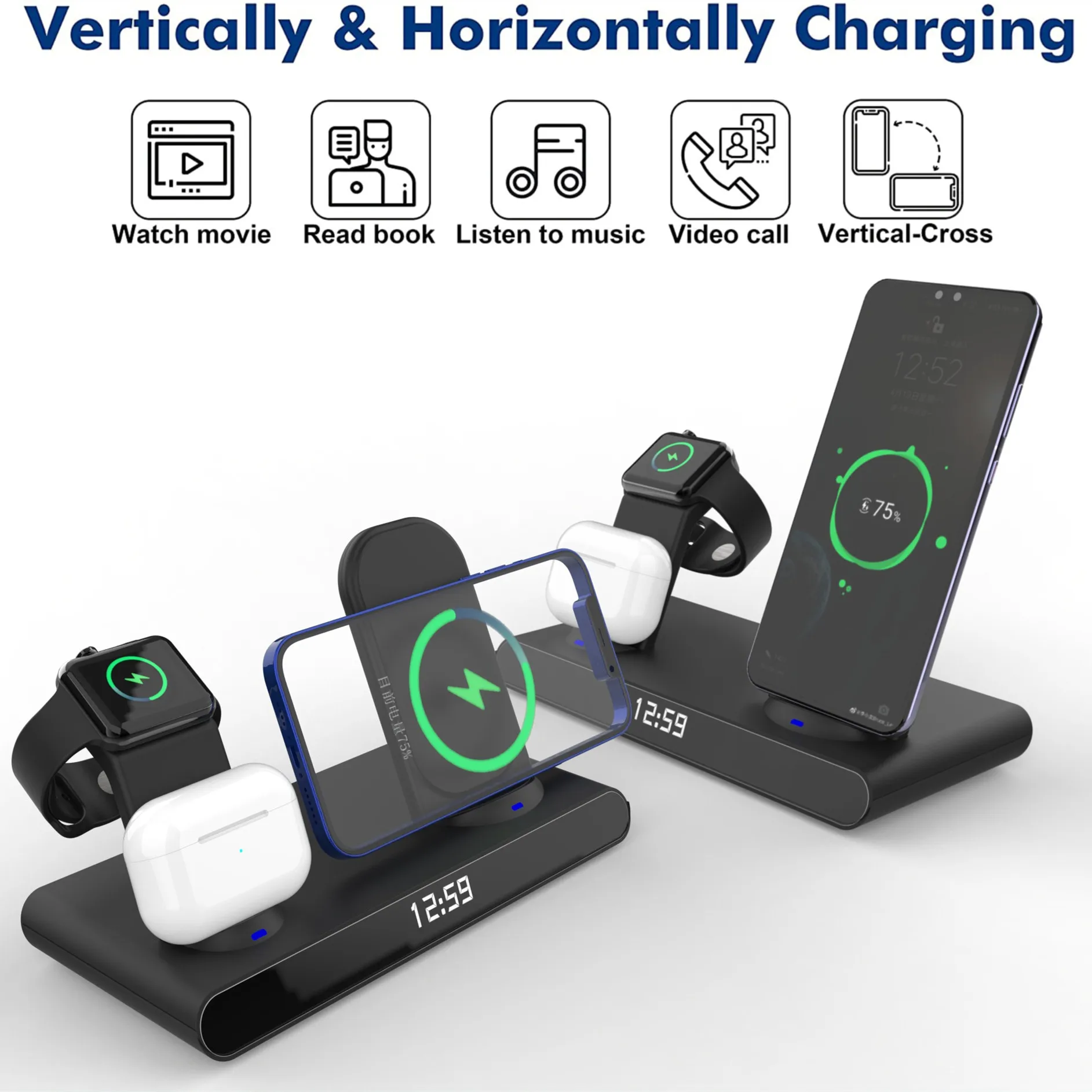 2022 noi 3 in 1 rapid încărcător wireless Qi cu LED digital ceas cu alarmă wireless charging station pentru iphone 13/12 Samsung S20/21 4