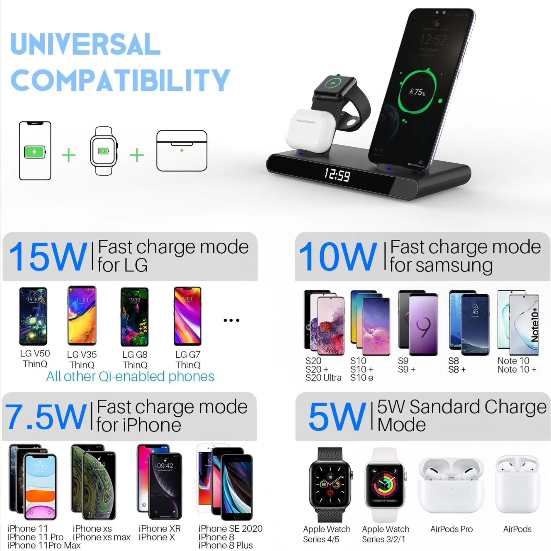 2022 noi 3 in 1 rapid încărcător wireless Qi cu LED digital ceas cu alarmă wireless charging station pentru iphone 13/12 Samsung S20/21 5