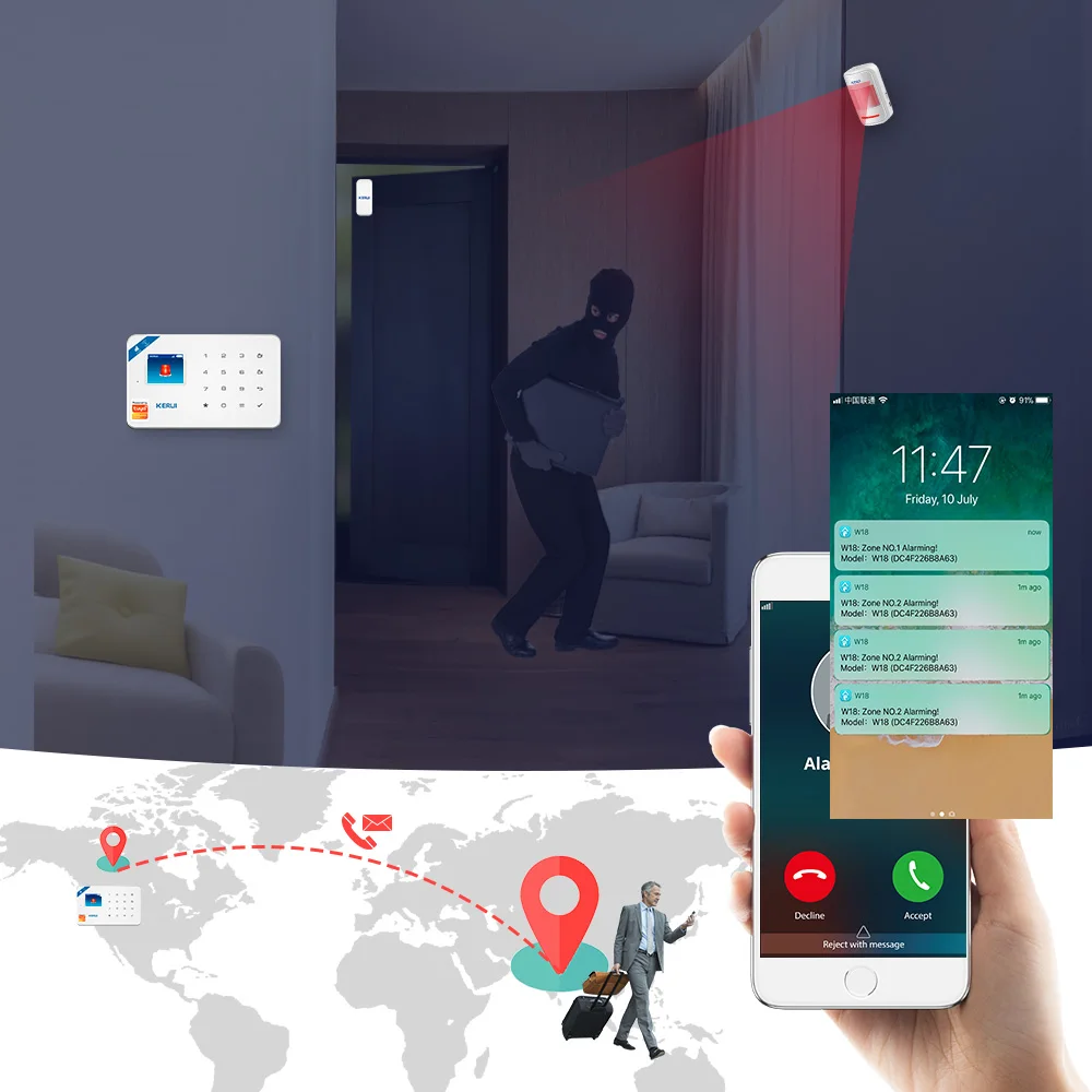 KERU WiFi GSM Home Securitate Alarmă Sistem Inteligent Tuya Aplicație de Control de 1,7 inch Ecran Color Solar Sirena Wireless Detector de Infraroșu Kit 1