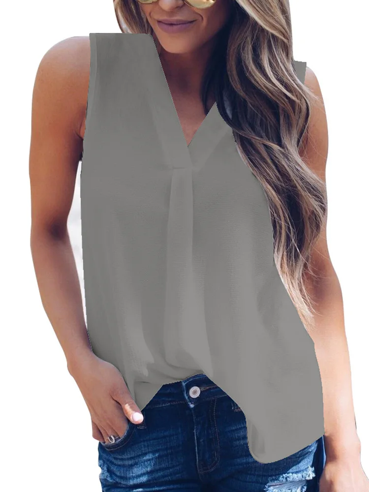 CUHAKCI Femei V-Neck Șifon Bluze 2022 Vara Tricouri fără Mâneci Moda Sexy Top Topuri Casual Alb Blusas Mujer Culoare Solidă 3