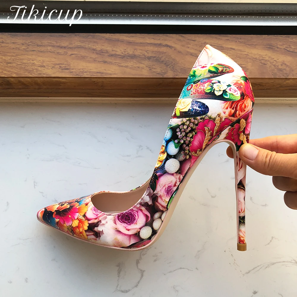 Tikicup Flori în Relief Imprimate Femei Ascutit Toc Înalt Pantofi pentru Rochie Floral Elegant Doamnelor Confortabil Alunecare Pe Stilet Pompe 0
