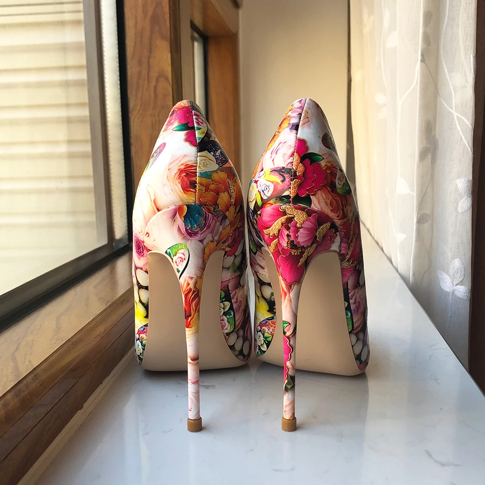 Tikicup Flori în Relief Imprimate Femei Ascutit Toc Înalt Pantofi pentru Rochie Floral Elegant Doamnelor Confortabil Alunecare Pe Stilet Pompe 1