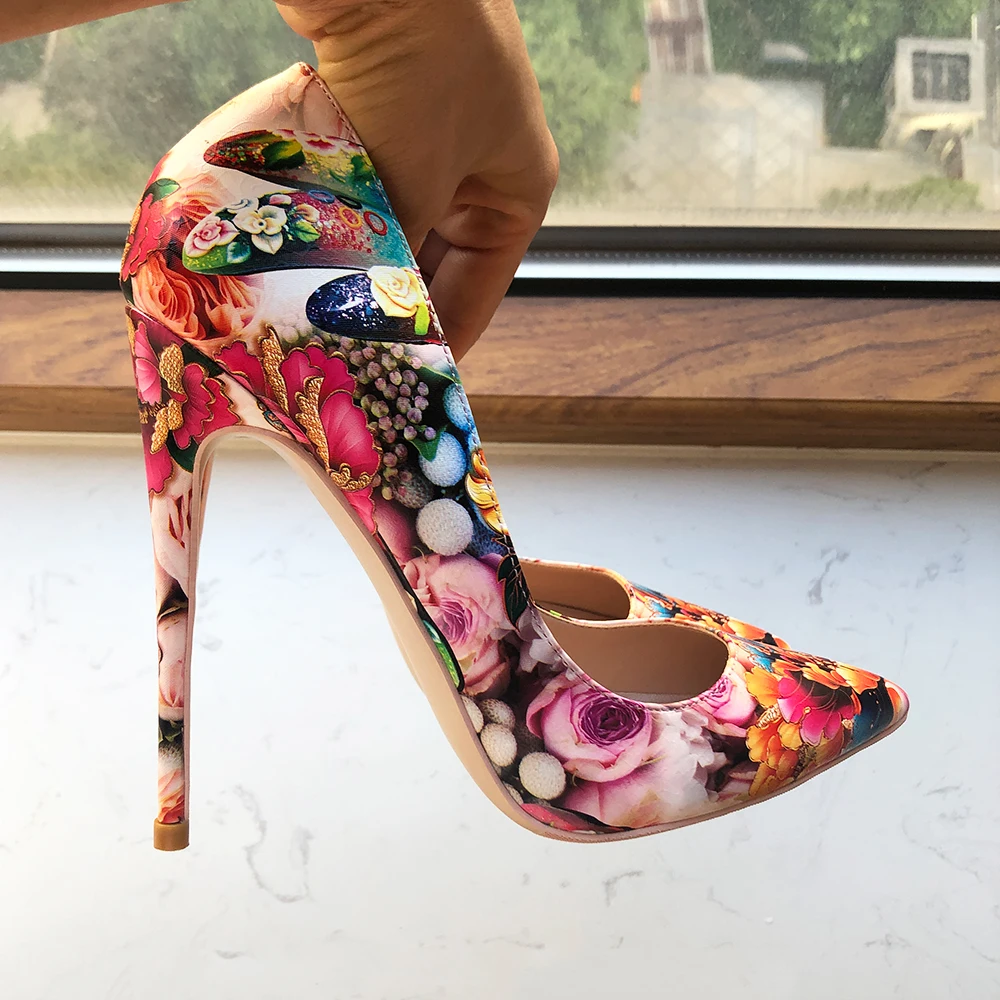 Tikicup Flori în Relief Imprimate Femei Ascutit Toc Înalt Pantofi pentru Rochie Floral Elegant Doamnelor Confortabil Alunecare Pe Stilet Pompe 2