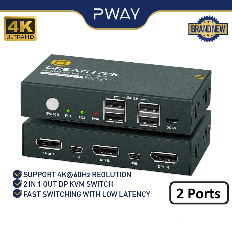 PWAY USB KVM Switch Keyboard Și Mouse-ul Splitter Cu 2 DP Port Suport 4K@60Hz 2 În 1 și Hub USB Pentru PC, Laptop Macbook 0