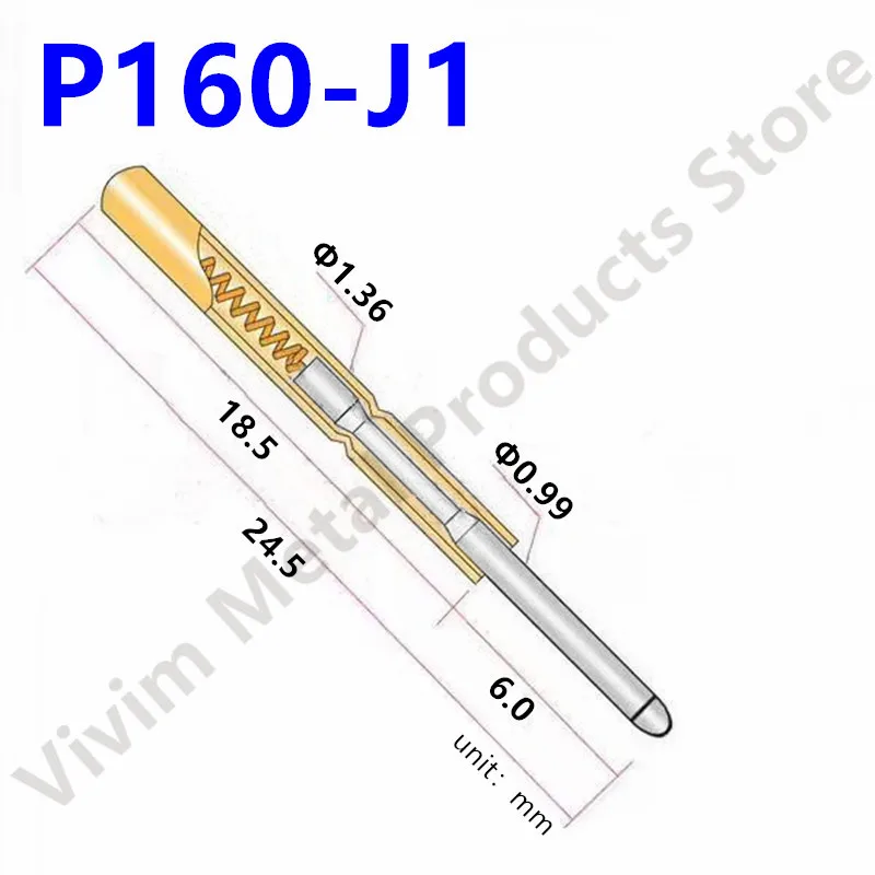100BUC P160-J1 de Testare a arcurilor de Sonda de Test de Pin P160-J Metal Alamă Pogo Pin Lungime Maneca 23.6 mm Pin Cap Dia 0.99 mm Sonda Dia 1.36 mm 1