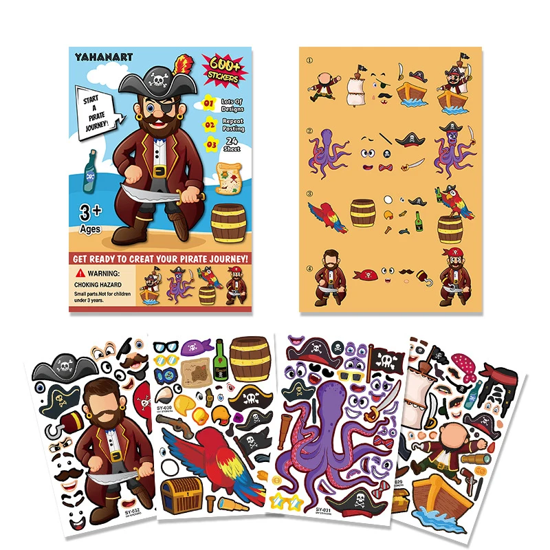 4 Pc-uri Pirat Regatul Copii DIY Autocolante Face O Fata de Jocuri de Puzzle Foaie Autocolant Petrecere de Aniversare Cadou pentru Copii Copii mici Inserați codul Craf 0