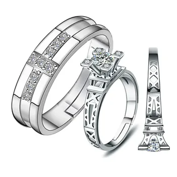 2 buc Set Cruce Și Turnul Eiffel Încrustat AAA Zircon Stil Deschis, Inele de Cuplu Reglabil Moda Bijuterii Lovers Cadouri R0062