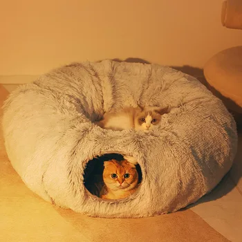 2 In 1 Runda Cat Paturi Casa Pisica Amuzant Tunel Moale Jucărie De Pluș Lungă Pat Câine Pentru Câini De Talie Mică Coș Pisoi Saltea Pat Canisa Somn Adânc