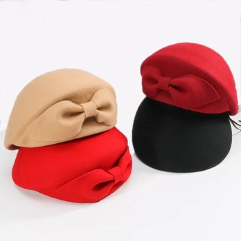 2019 Doamnelor Nunta Red Hat Pentru Femei Vintage Lână Simțit Pălăriuțele Negru Fascinator De Iarnă Pălării Arc Bereta Biserica Pălării