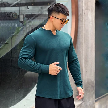 2022 Culoare Solidă V-neck Fitness Bumbac cu mâneci Lungi pentru Bărbați de Înaltă Elastic Slim tricou Sport de Formare de Funcționare uscare Rapidă Colanti