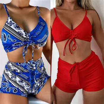 2022 Două Piese De Costume De Baie Costume De Baie Femei Cu Talie Înaltă De Imprimare Shirring Înnodate Costum De Baie Beachwear Maillot De Bain Femme Banadores