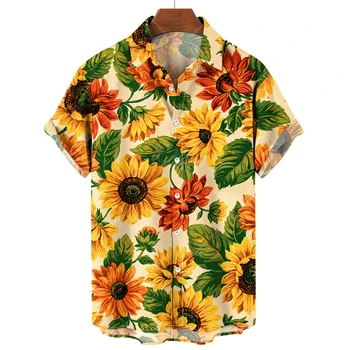 2022 Hawaiian Tricouri Barbati Floarea-soarelui Imprimare Camasi pentru Barbati Rever Moda cu Maneci Scurte Barbati Haine Largi Supradimensionate Topuri de Vara