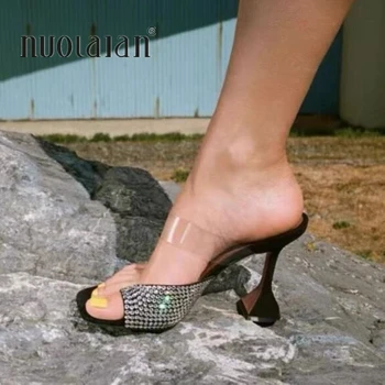 2022 Noi De Vara Femei Sandale Crystal Square Toe Toc Doamnelor Catâri Tocuri Inalte Sexy Sandale Papuci De Moda De Sex Feminin Femeie Pantofi