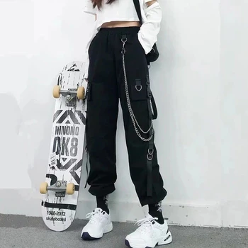 2022 Noi Femei Pantaloni de Marfă Panglică Pocket Jogger Elastic Talie Înaltă Streetwear Harajuku Pantaloni Punk Bumbac Pantaloni Femei
