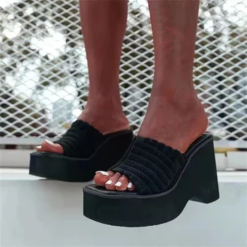 2022 Noua Platforma Wedge Heel Culoare Solidă femeii Papuci Moi Jos de Plajă Muje Sandale Femei Plat Înălțime Crește Pantofi