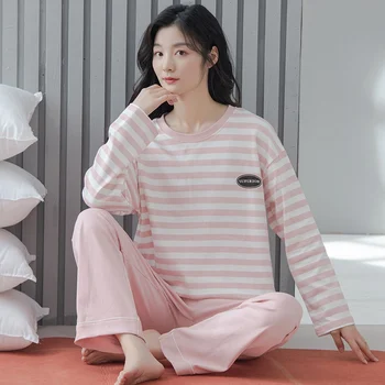 2022 Primavara Toamna cu Maneca Lunga Casual cu Dungi din Bumbac Pijama Seturi pentru Femei coreene Liber Pijamale Pijamale Homewear Haine de Acasă