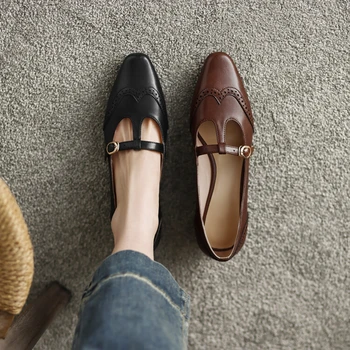 2023 Primăvară Femei Pantofi de Piele Split Pantofi pentru Femei în formă de T Catarama Femei Pompe Pătrat Deget de la picior Toc Indesata Versatil Mary Janes
