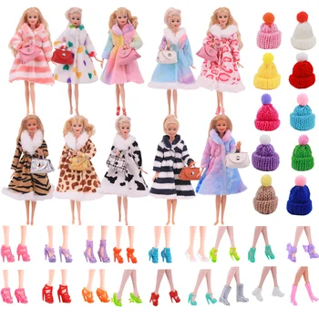 3PCS/Set Haine Pentru Păpuși Barbie Iarna de Pluș Cald Straturi Pulover Lung=1 Haine+1 Aleatoriu Geantă de mână+1 Aleatoriu Pălărie,11.8 Inch Papusa