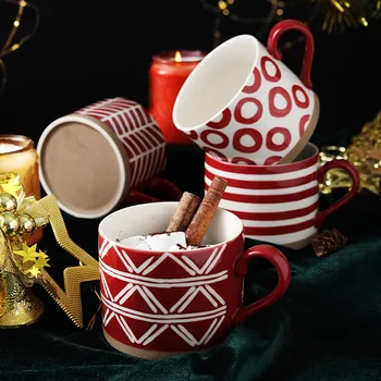 450ml Roșu de Mână-Pictat Ceramică Ceașcă de Cafea Gresie Ambarcațiuni de uz Casnic Cana de Apa Creativ Cadou de Crăciun de Mână-Pictat Cani Lapte