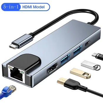 5 În 1 Macbook TIP-C Pentru HD-HDMI USB Docking Station Fast Ethernet Interfață Multifuncțională Converter HUB pentru Laptop