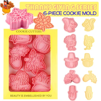 6Pcs ziua Recunostintei Serie de Desene animate Glazura Tăietori Cookie-uri de Plastic 3D Mucegai Pressable Biscuit de Presă Mucegai Timbru produse de Patiserie de Copt Instrument