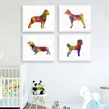 American Staffordshire Terrier Acuarelă Câine de Companie Postere si Printuri Basenji Teckel Pudel Arta Panza Pictura Arta de Perete Decor