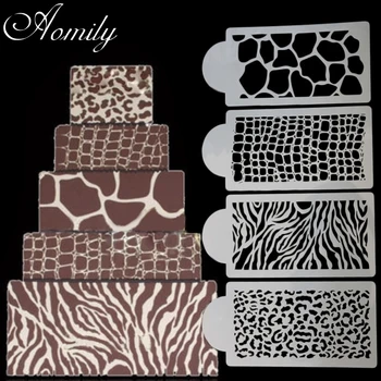 Aomily 4buc/Set Zebra Print Leopard Sălbatic Stil Tort Stencil Aerograf Pictura Mucegai Cookie-uri Fondant Tort Mousse de Decorare Matrite