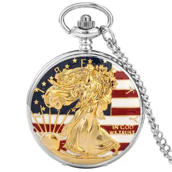 Aur Statuia Libertății Steagul American Design Cuarț Ceas de Buzunar Pandantiv Lanț FOB Ceas Colier Bijuterii, Ceasuri de Colecție