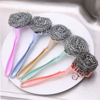 Bucătărie perie de curățare de prune-în formă de sârmă de oțel mingea mâner lung de spălat vase și oală de spălat perie din oțel Inoxidabil de curatare bila b