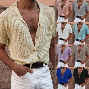 Bărbați Vara Topuri cu Maneci Scurte Pieptul Singur Respirabil Tricotate Tricouri Barbati Casual Gol Afară Pulover de Sus