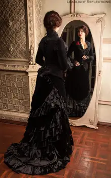 Catifea neagra cu Maneci Lungi Rochii de Mireasa Gotic Victorian Costum de Mers pe jos Agitația fusta Plus dimensiune Dantelă-up Corset in partea de Sus Rochia de Mireasa