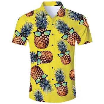 Cele mai la modă tricou maneci scurte de vară rosu / galben ochelari amuzant ananas Cămașă Hawaiană 3D tricou