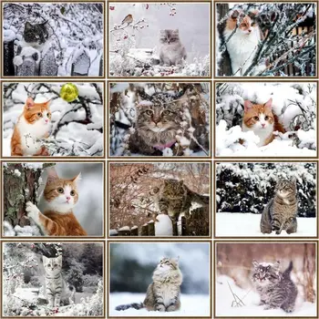 CHENISTORY Ulei Imagine Număr Pisica Animal Kituri Cadou Unic Tablou De Numere Peisaj de Iarna de Pe Panza pictate manual Decor