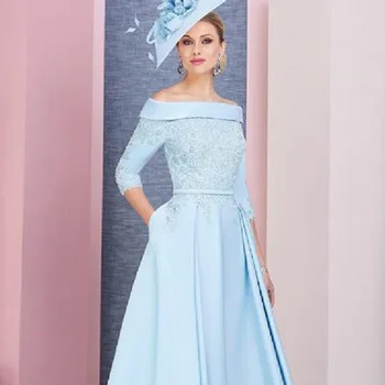 CloverBridal 2022 Primăvară Feminin Ceai de Lungime Satin Elegant vestidos de boda invitada Lumină Albastră Mama de Rochie de Mireasa WM9997