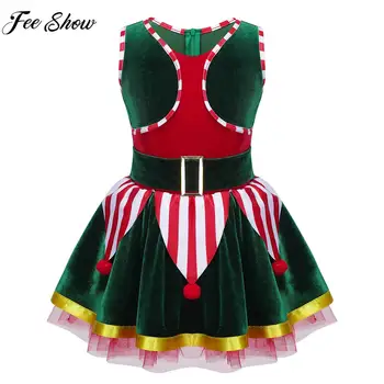Copii Crăciun Elf Cosplay Dress Fără Mâneci Catifea Pompom Tricou Tutu Fete De Crăciun Petrecere Cu Tema Roleplay Etapă De Performanță Costum