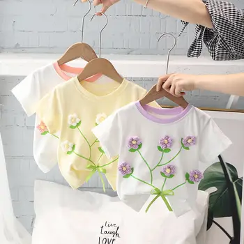 Copii Dulci de Flori cu Maneci Scurte T-Shirt Bumbac pentru Copii Confort de Top de Vara Noi Fete T-Shirt 0 2 3 4 5 6 Y