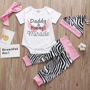 Copilul fete 4BUC Seturi de fete Nou-născuți haine Tati & Monmy e Miracol Body+ Pantaloni Zebra+Hat +Bentita pentru Fete Tinuta