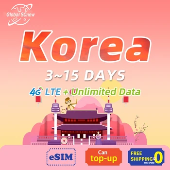 Coreea de sim card 3~15 Zile 4G de Mare Viteza + nelimitat de date Prepaid Suport eSIM sim card pentru Călătorii Turistice