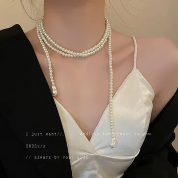 Coreea Style Moda Lung Colier De Perle Pentru Femei Fete De Moda Elegant Petrecere Lanțuri De Bijuterii De Lux Pandantiv Cravată Coliere