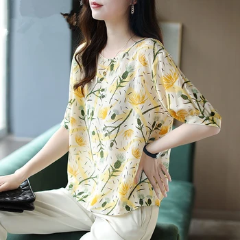 Coreeană Styte Florale Șifon Femei de Vara Tricouri Casual Pierde Imprima O-Gât Jumătate Bluze cu Maneca Elefant Sus Blusas MM1008