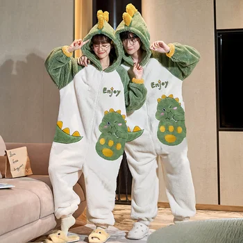 Cupluri Pijamale, Salopete Femei Adulte Barbati De Iarna De Cald Îngroșa Desene Animate Dinosaur Cămașă De Noapte Coreean Liber Iubitorii De Pijamale Hoodie